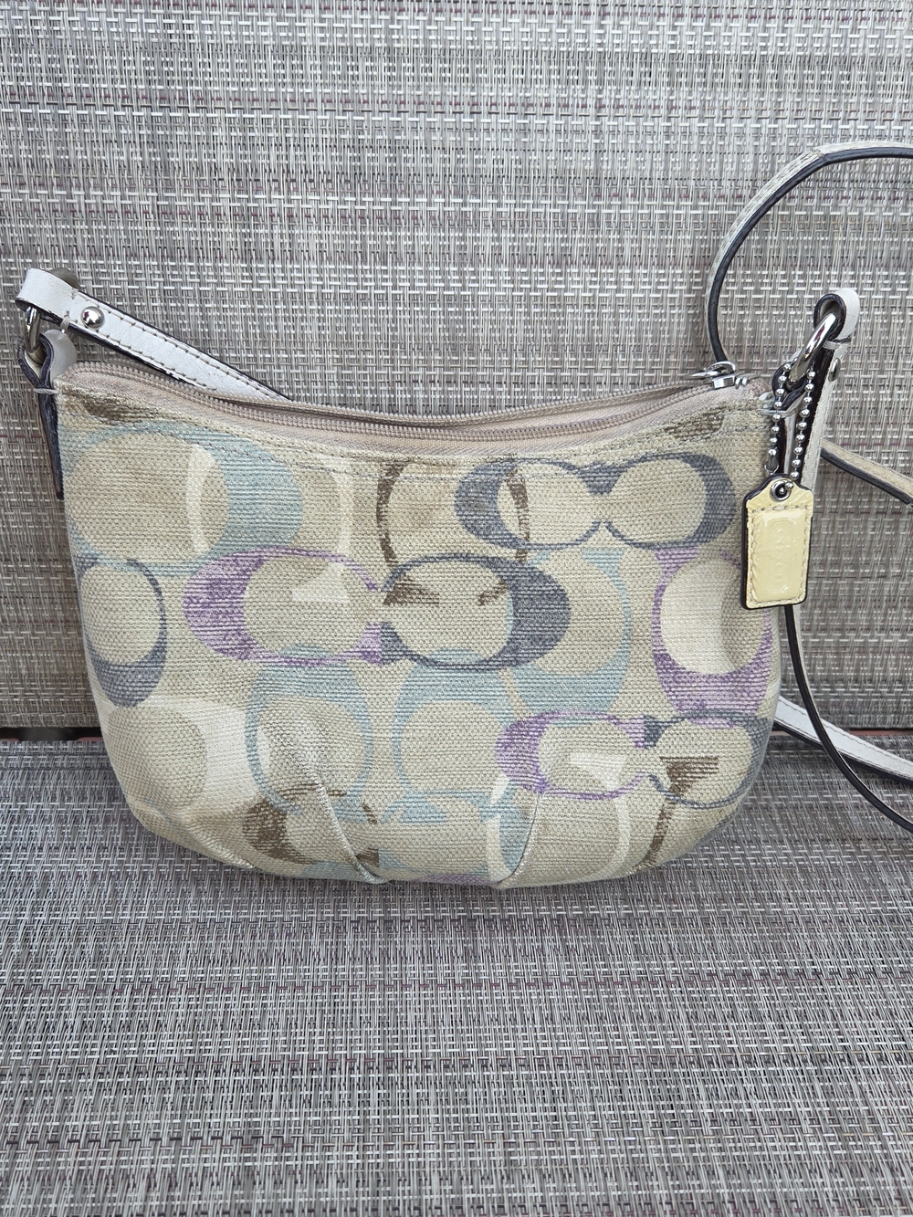 Coach Beige Signature Crossbody with Pastel Blue and Lavender Accents